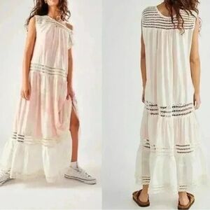 Free People Washed Day Dreaming Sm Pink Ivory Tie Dye Crochet Tiered Maxi Dress